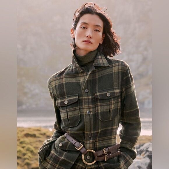 Ralph Lauren Purple Label Tops - Ralph Lauren Collection Fall 2023 Andrya Olive Plaid Shirt Jacket